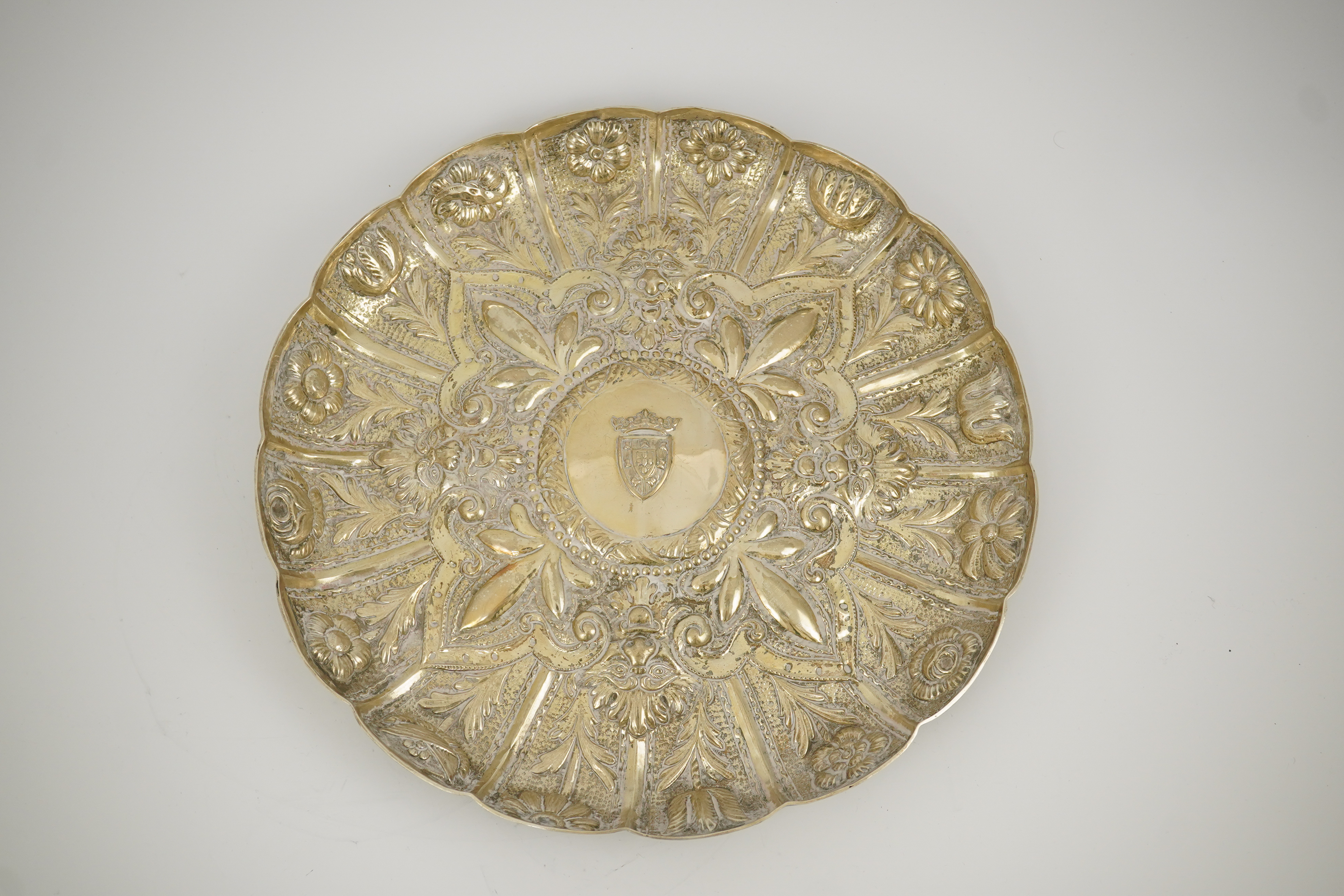 A late 19th/early 20th century Portuguese 833 standard embossed silver shallow dish